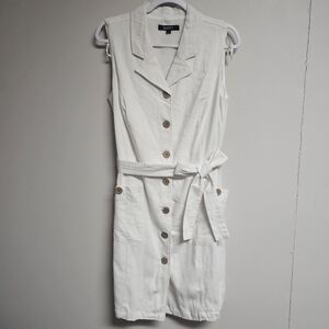 GLAMOUR White Linen Dress w Faux Wood Buttons and Pockets Resortwear Old Money